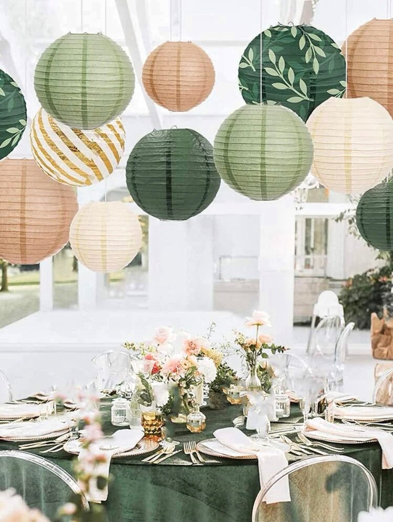 Sage Green and Gold Beige , Olive Green and Gold Party Supplies,Hanging Paper Lanterns Baby Shower , Birthday Party Decorations ,6 PCs