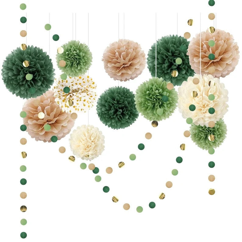 Pom Pom Set | Green Tissue Paper Pom Poms | Dusty Green Paper Flowers | Wedding Decor | Baby Shower | Birthday Party Decor 15pcs