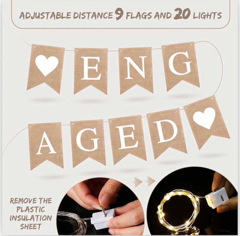 Engagement Party Decorations Engaged Banner Heart Burlap Rustic Bunting Garland LED Fairy Lights Battery Operated String Lights for Outdoor