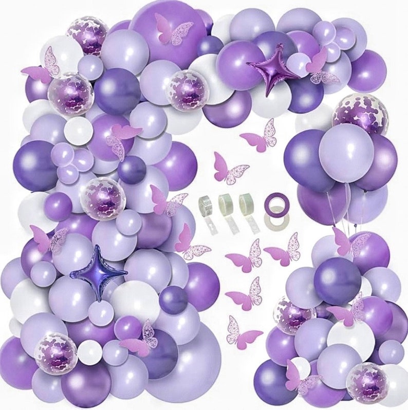 150pcs Purple Balloon Garland Kit with Butterfly Stickers Foil Balloon, White Macaron Metallic Purple Confetti Balloons Arch for Birthday