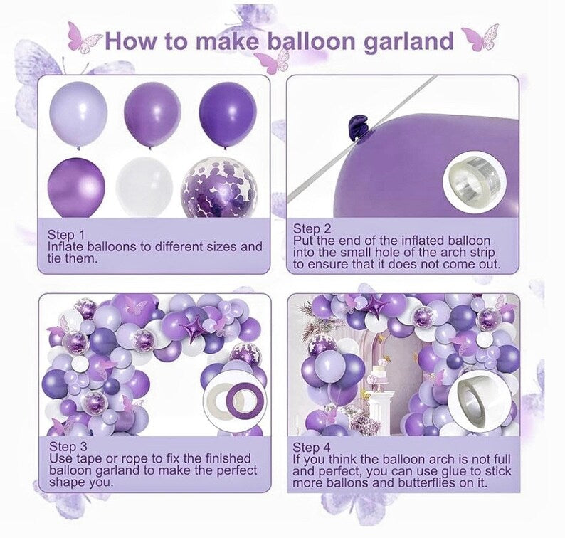 150pcs Purple Balloon Garland Kit with Butterfly Stickers Foil Balloon, White Macaron Metallic Purple Confetti Balloons Arch for Birthday