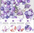 150pcs Purple Balloon Garland Kit with Butterfly Stickers Foil Balloon, White Macaron Metallic Purple Confetti Balloons Arch for Birthday