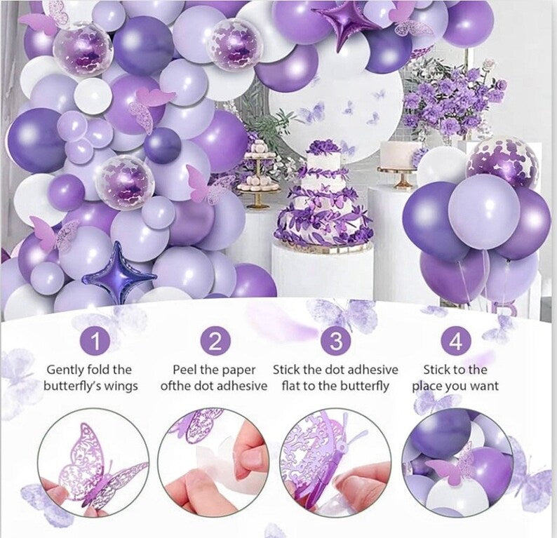 150pcs Purple Balloon Garland Kit with Butterfly Stickers Foil Balloon, White Macaron Metallic Purple Confetti Balloons Arch for Birthday