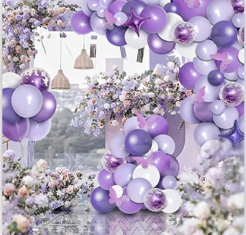 150pcs Purple Balloon Garland Kit with Butterfly Stickers Foil Balloon, White Macaron Metallic Purple Confetti Balloons Arch for Birthday