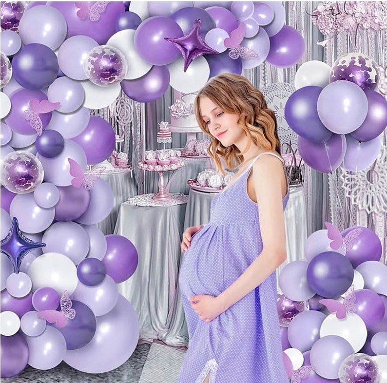 150pcs Purple Balloon Garland Kit with Butterfly Stickers Foil Balloon, White Macaron Metallic Purple Confetti Balloons Arch for Birthday