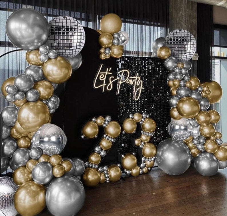 Chrome Gold Silver Balloon Garland Kit-Metallic Gold Silver Balloons and 4D Disco Silver Foil Mylar Balloons Arch for Birthday Baby Shower