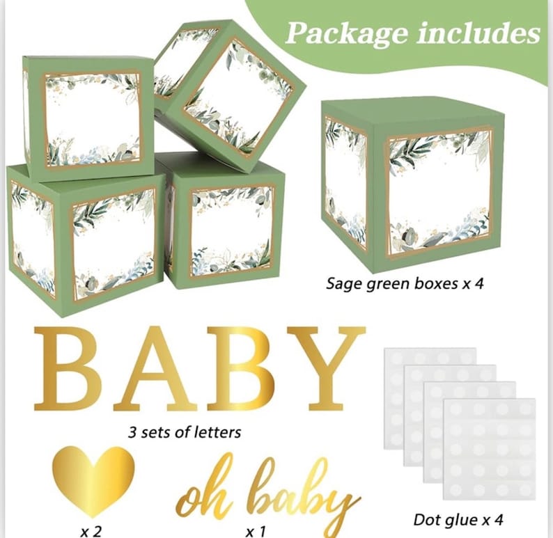 Sage Green 4pcs Baby Boxes with Letters for Baby Shower  Safari Baby Shower Decorations Boy Girl Balloon Boxes ,Gender Reveal, Baby Shower