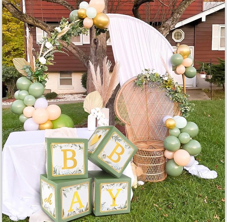 Sage Green 4pcs Baby Boxes with Letters for Baby Shower  Safari Baby Shower Decorations Boy Girl Balloon Boxes ,Gender Reveal, Baby Shower