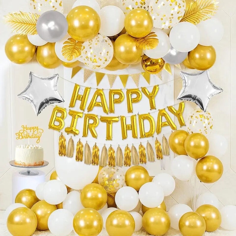 Gold White Balloon Garland Kit, Happy Birthday Balloon Banner, Gold Birthday Decorations, White Gold Party Decor, Balloon Arch Kit
