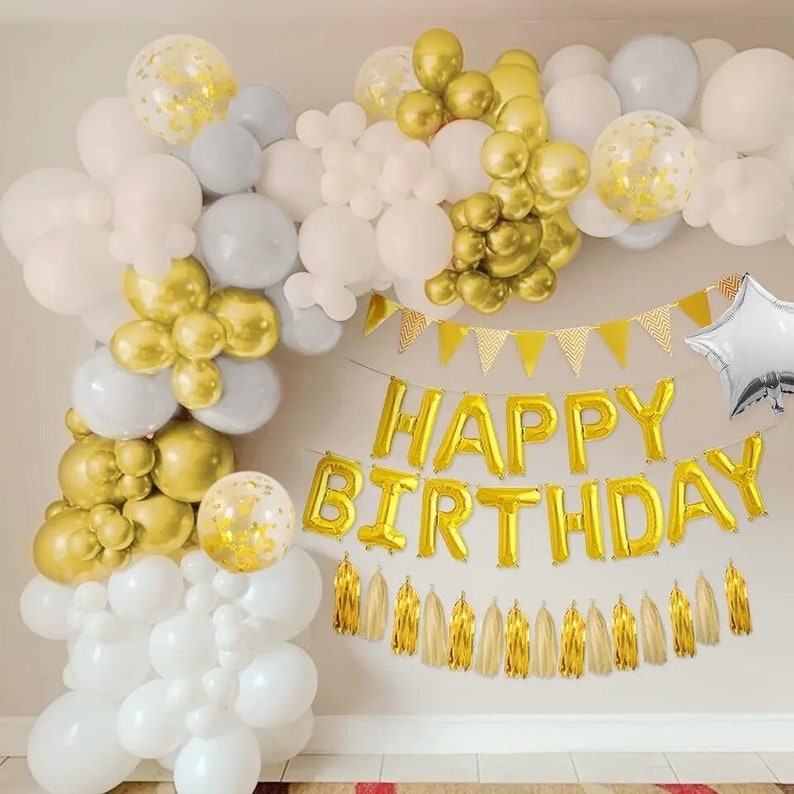 Gold White Balloon Garland Kit, Happy Birthday Balloon Banner, Gold Birthday Decorations, White Gold Party Decor, Balloon Arch Kit