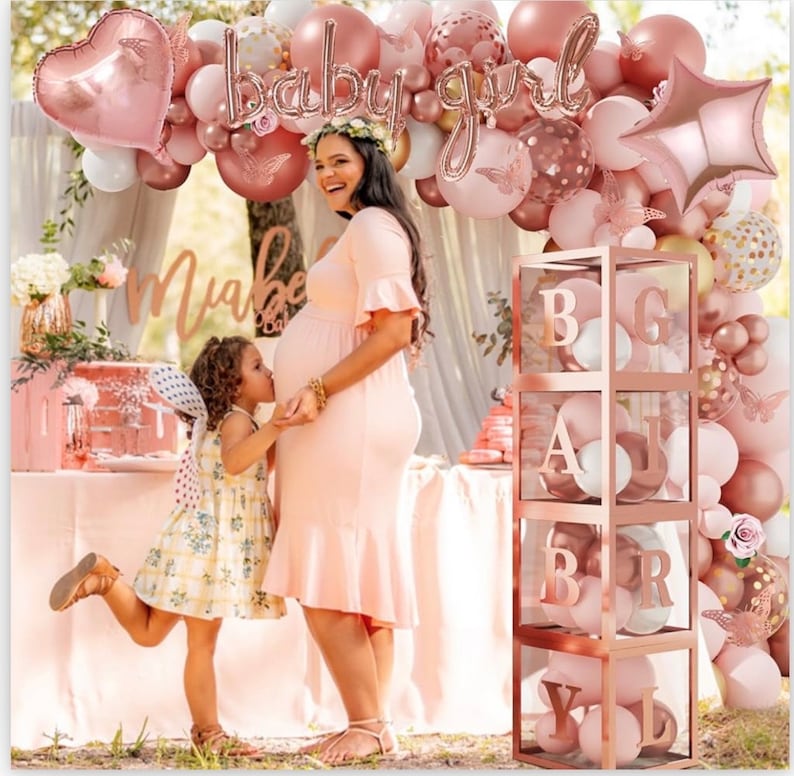 134pcs Rose Gold Balloons Baby Shower Decorations for Girl Baby Boxes, Butterfly Stickers Balloon Garland Arch Kit Baby Box with Letter