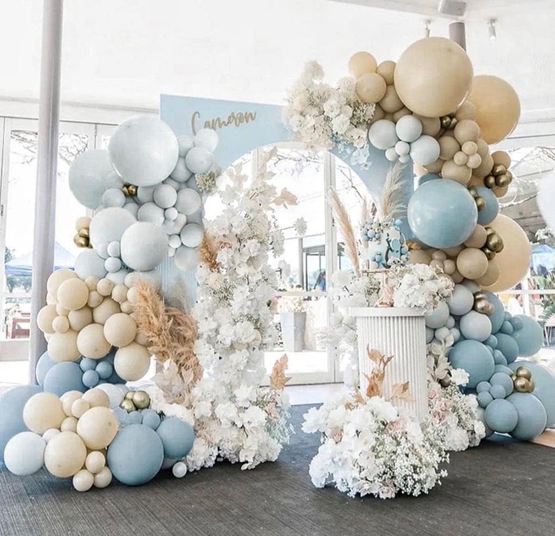 Dusty Blue White Balloon Garland Double Stuffed Pastel Light Blue Balloon White Sand Beige Cream Balloon Arch Kit Metallic Gold Balloons