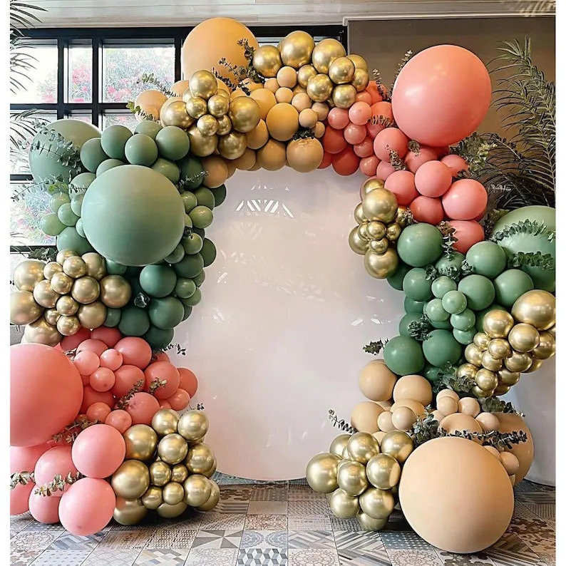 Sage Green Pink Gold Balloon Garland Kit, Dusty Rose Nude Balloon Arch for Baby Shower, Birthday, Bridal Shower Decor