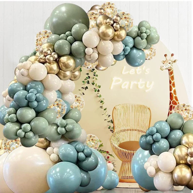 Sage Green Blue Balloons Garland kit, 138pcs Dusty Blue Sand White and Gold Balloons for Boys Baby Shower