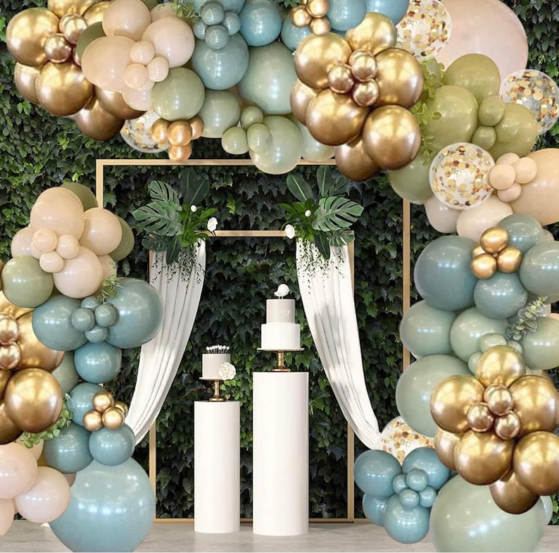 Sage Green Blue Balloons Garland kit, 138pcs Dusty Blue Sand White and Gold Balloons for Boys Baby Shower