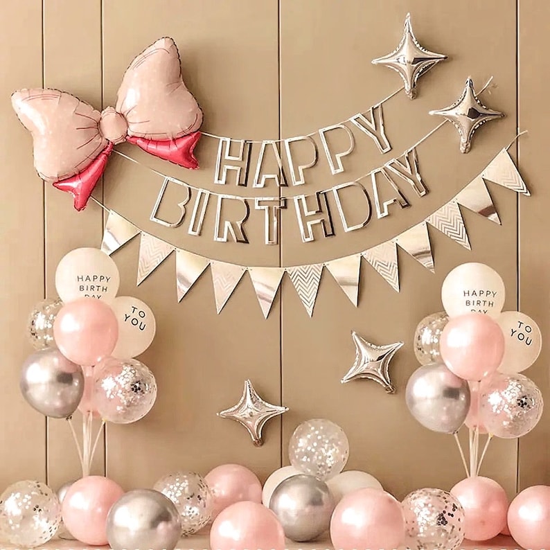 Pink and Silver Birthday Balloon Garland Kit Party Decorations ,Bow Balloon Star, Confetti Balloon Triangle Flag Banner 36 Pcs