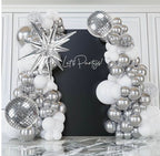 Disco Ball Party Balloon Arch Kit Chrome Metallic Silver, Matte White & Confetti Balloons for 2026 Graduatioon, Birthday,Disco Themed Events