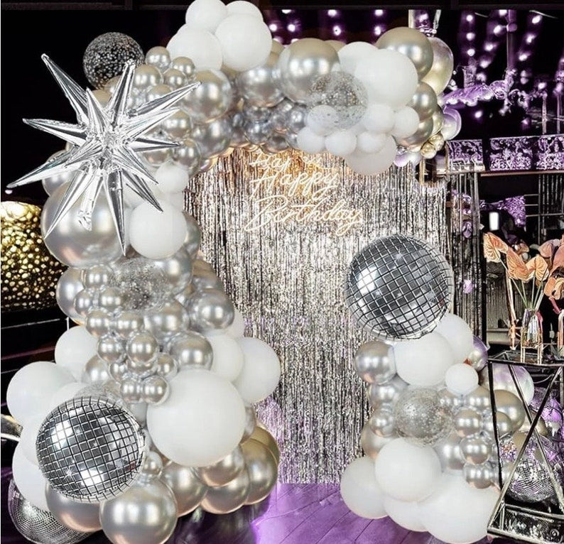 Disco Ball Party Balloon Arch Kit Chrome Metallic Silver, Matte White & Confetti Balloons for 2026 Graduatioon, Birthday,Disco Themed Events