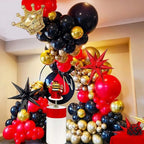 Red Black Gold Balloon Garland Arch Kit with Crown Star Foil Balloons for 2025 graduation Prom Casino Theme Graduation Movie Night Party