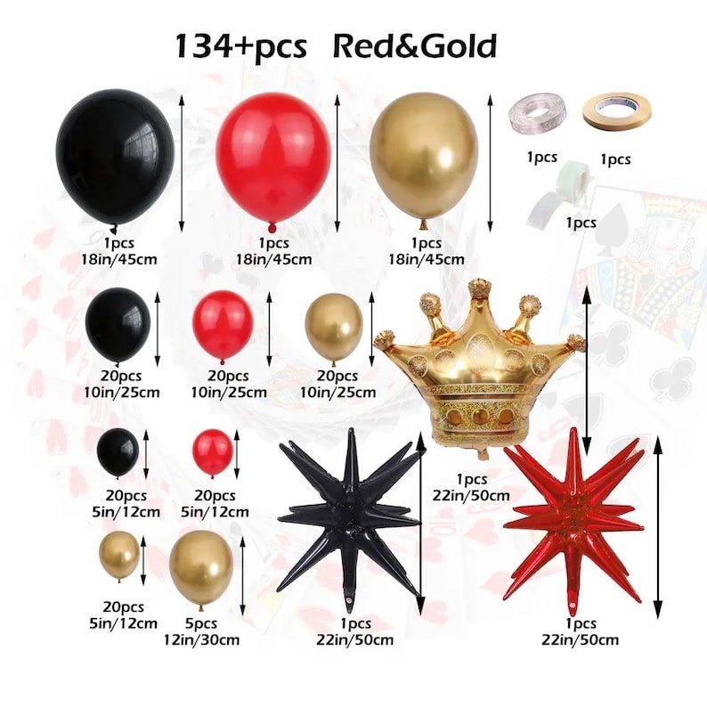 Red Black Gold Balloon Garland Arch Kit with Crown Star Foil Balloons for 2025 graduation Prom Casino Theme Graduation Movie Night Party