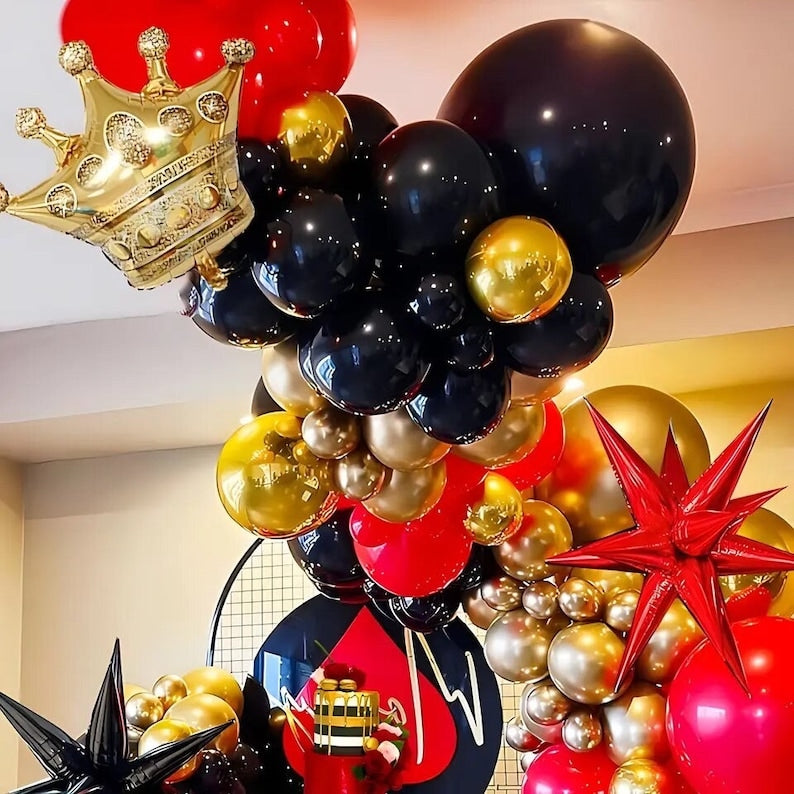 Red Black Gold Balloon Garland Arch Kit with Crown Star Foil Balloons for 2025 graduation Prom Casino Theme Graduation Movie Night Party