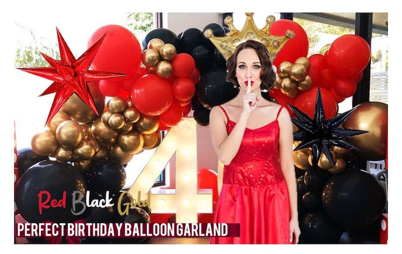 Red Black Gold Balloon Garland Arch Kit with Crown Star Foil Balloons for 2025 graduation Prom Casino Theme Graduation Movie Night Party