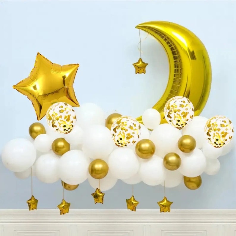 Twinkle Twinkle Little Star Gender Reveal Balloon Arch Kit - White and Gold Moon Star Foil Confetti Balloons for Baby Shower & Christmas