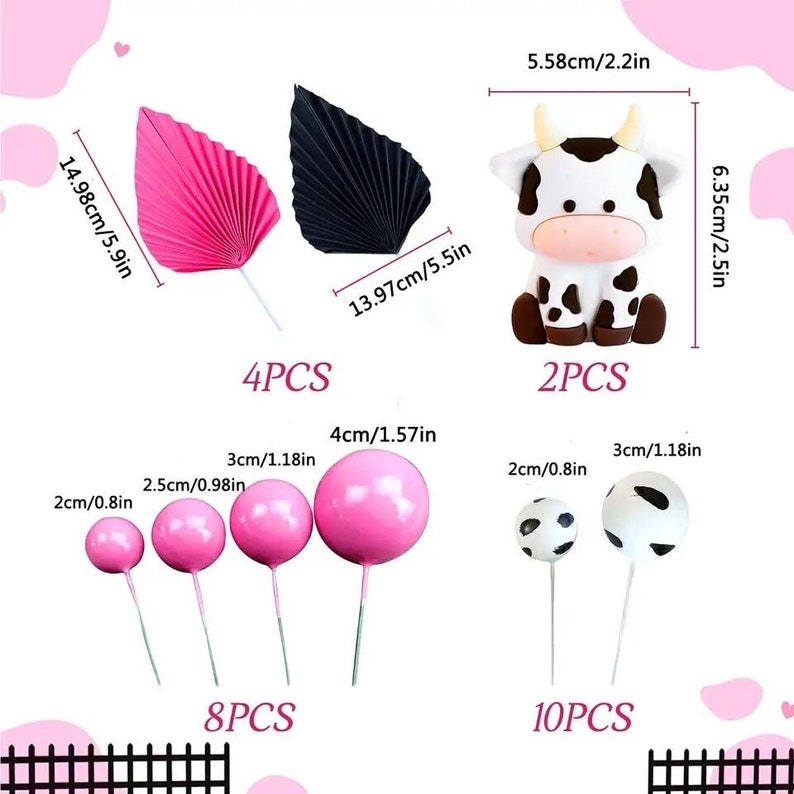 24 Pcs Pink Cute Cow Cake Decoration,Black and White Pink Ball Cake Toppers,Farm Animal Mini Cow with Miniature Figurines