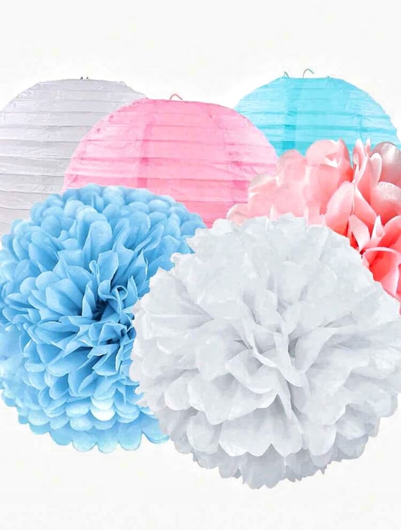 12Pcs  Blue and  Pink  Party Decorations  Pom Poms Paper Lanterns Decoration for Birthday  Baby Shower Gender Reveal Party
