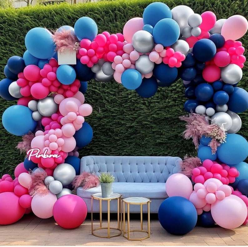 Navy Blue Pink Balloon Garland Double Stuffed Dark Blue Hot Pink Balloons Pastel Pink Blue Balloon Arch Kit Metallic Silver Balloons
