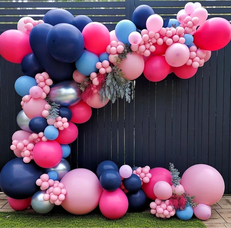 Navy Blue Pink Balloon Garland Double Stuffed Dark Blue Hot Pink Balloons Pastel Pink Blue Balloon Arch Kit Metallic Silver Balloons