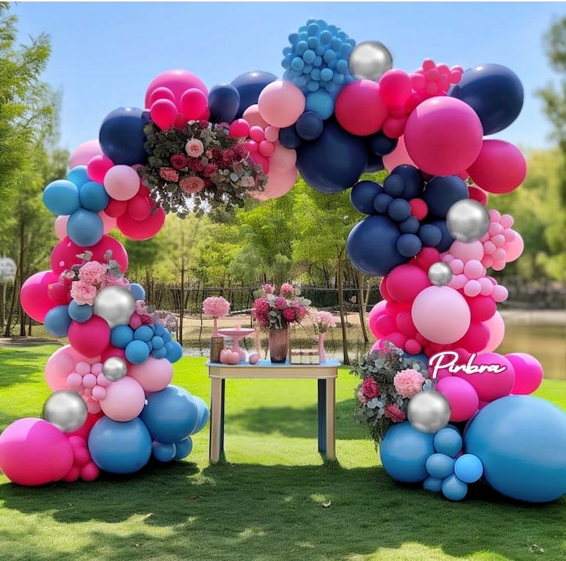 Navy Blue Pink Balloon Garland Double Stuffed Dark Blue Hot Pink Balloons Pastel Pink Blue Balloon Arch Kit Metallic Silver Balloons