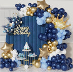 141pcs Navy Blue Balloon Garland Arch Kit, Navy Blue and Chrome Gold White Balloons with Star and Crown Foil Balloons for Boy Birthday Baby