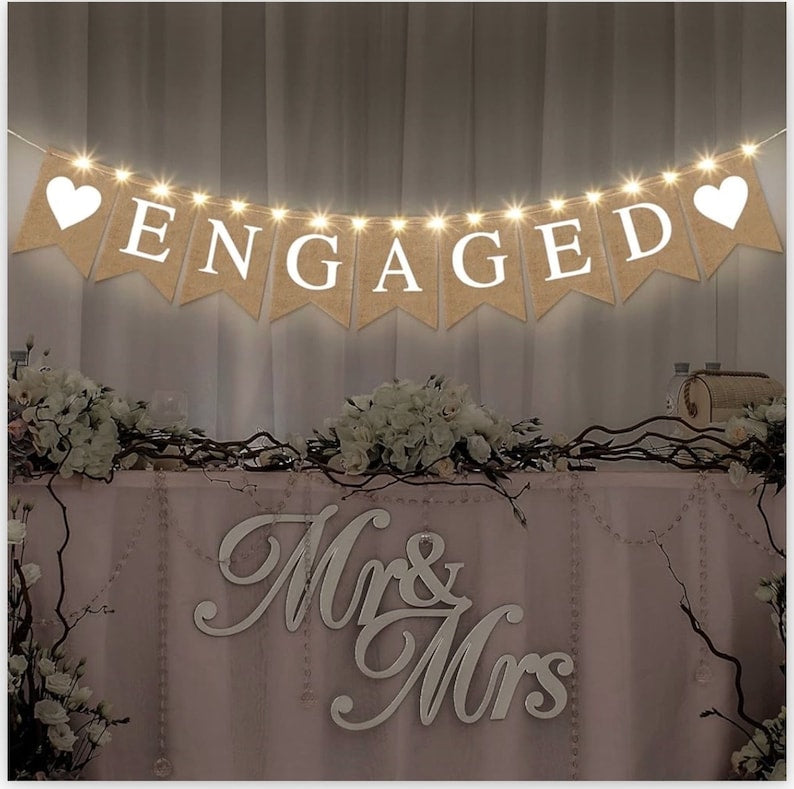 Engagement Party Decorations Engaged Banner Heart Burlap Rustic Bunting Garland LED Fairy Lights Battery Operated String Lights for Outdoor