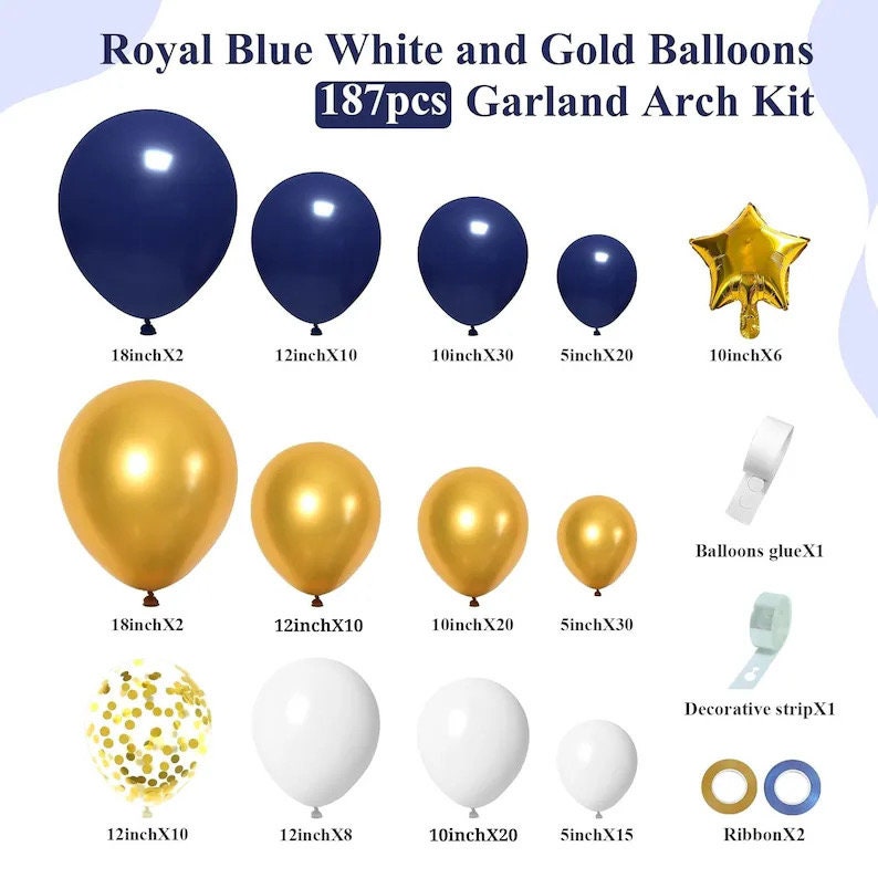 187pcs Blue and Gold Balloons Arch Garland Kit, 5 10 12 18 inch Royal Blue Gold White Balloons with Gold Star Foil Balloons