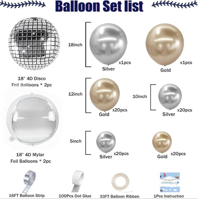 Chrome Gold Silver Balloon Garland Kit-Metallic Gold Silver Balloons and 4D Disco Silver Foil Mylar Balloons Arch for Birthday Baby Shower