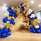 Blue and Gold Balloons Arch Garland Kit with Starburst Foil Balloons, 5 10 12 18 inch Navy Blue White and Gold Balloon ,136 Pcs