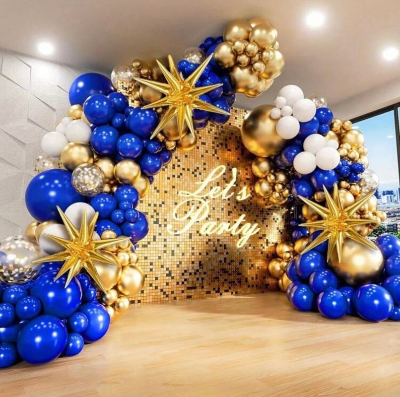 Blue and Gold Balloons Arch Garland Kit with Starburst Foil Balloons, 5 10 12 18 inch Navy Blue White and Gold Balloon ,136 Pcs