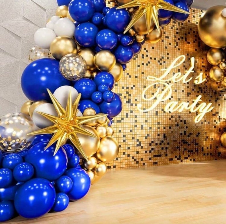 Blue and Gold Balloons Arch Garland Kit with Starburst Foil Balloons, 5 10 12 18 inch Navy Blue White and Gold Balloon ,136 Pcs