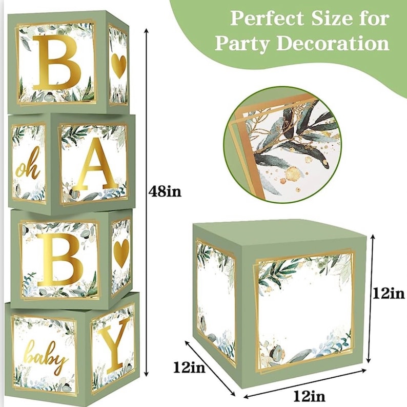 Sage Green 4pcs Baby Boxes with Letters for Baby Shower  Safari Baby Shower Decorations Boy Girl Balloon Boxes ,Gender Reveal, Baby Shower