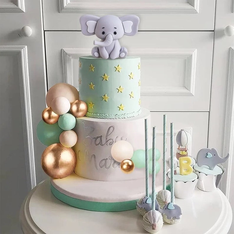 22 PCS Cute Baby Elephant Pearl Balls Cake Picks Decoration Elephant Baby Shower Cake Decoration Cupcake DIY Cake Insert Topper Baking