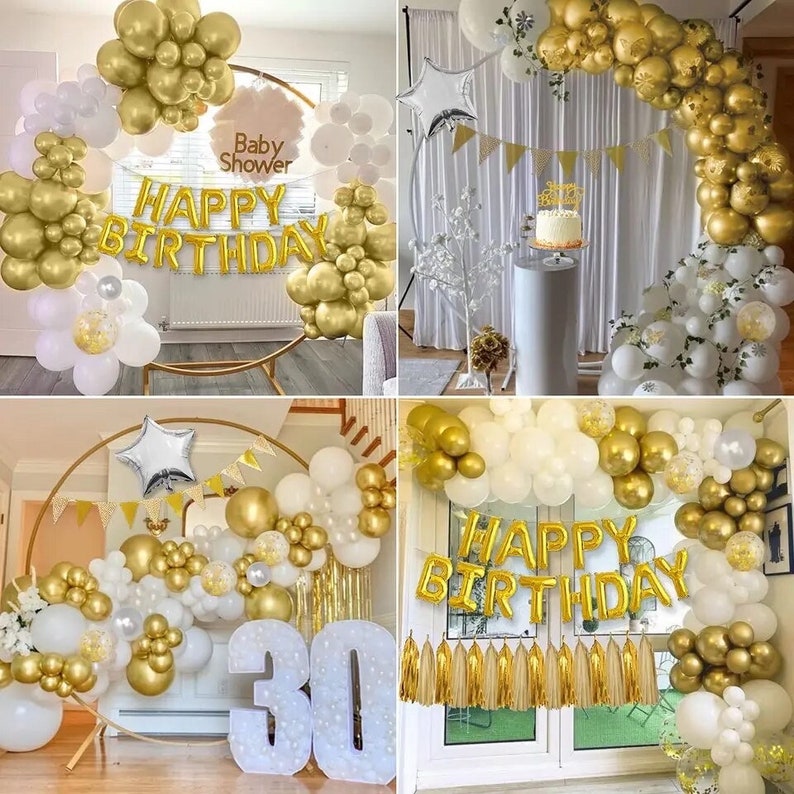 Gold White Balloon Garland Kit, Happy Birthday Balloon Banner, Gold Birthday Decorations, White Gold Party Decor, Balloon Arch Kit