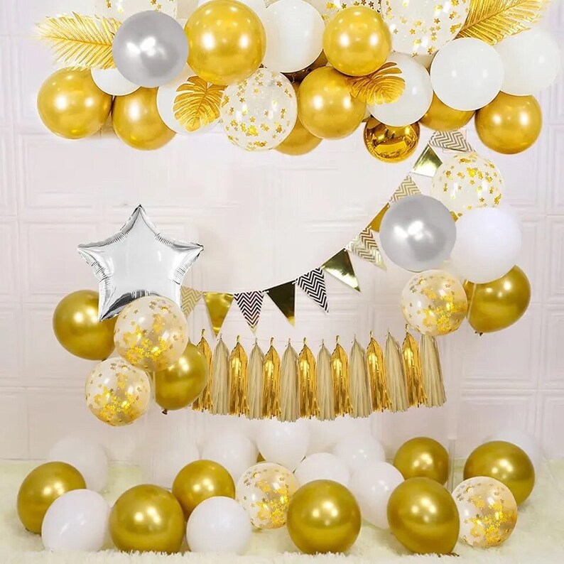 Gold White Balloon Garland Kit, Happy Birthday Balloon Banner, Gold Birthday Decorations, White Gold Party Decor, Balloon Arch Kit