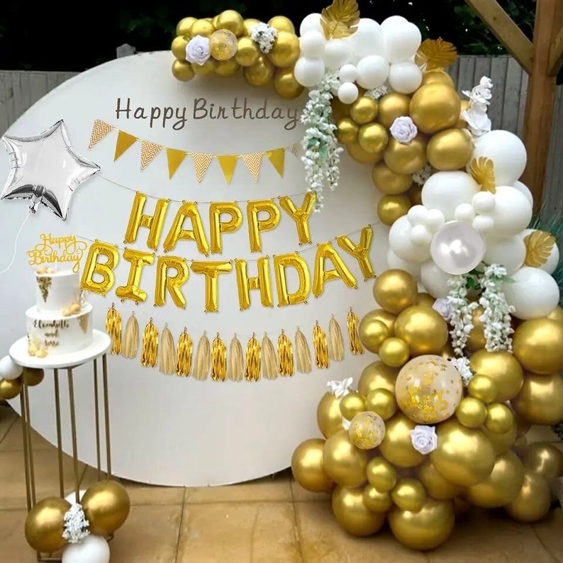Gold White Balloon Garland Kit, Happy Birthday Balloon Banner, Gold Birthday Decorations, White Gold Party Decor, Balloon Arch Kit