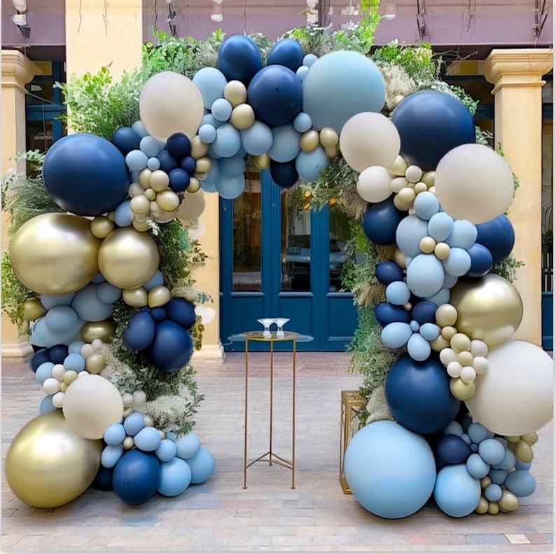 Navy Blue Balloon Garland Double Stuffed Dusty Blue White Sand Balloons Slate Blue Beige Cream Balloon Arch Kit Metallic Gold Balloons
