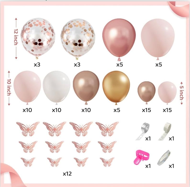 134pcs Rose Gold Balloons Baby Shower Decorations for Girl Baby Boxes, Butterfly Stickers Balloon Garland Arch Kit Baby Box with Letter