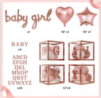 134pcs Rose Gold Balloons Baby Shower Decorations for Girl Baby Boxes, Butterfly Stickers Balloon Garland Arch Kit Baby Box with Letter