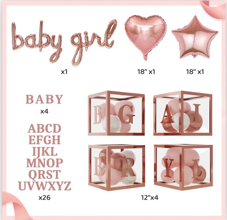 134pcs Rose Gold Balloons Baby Shower Decorations for Girl Baby Boxes, Butterfly Stickers Balloon Garland Arch Kit Baby Box with Letter