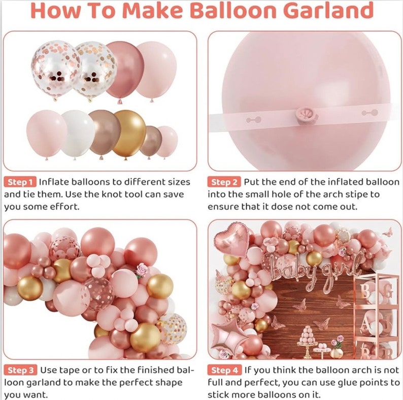 134pcs Rose Gold Balloons Baby Shower Decorations for Girl Baby Boxes, Butterfly Stickers Balloon Garland Arch Kit Baby Box with Letter