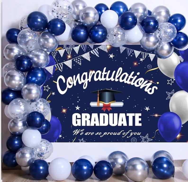 Blue Silver Balloons Garland Kit, 120pcs Navy Blue and Silver Confetti White Balloons Arch for Graduation, Birthday Party, Wedding DIY Decor